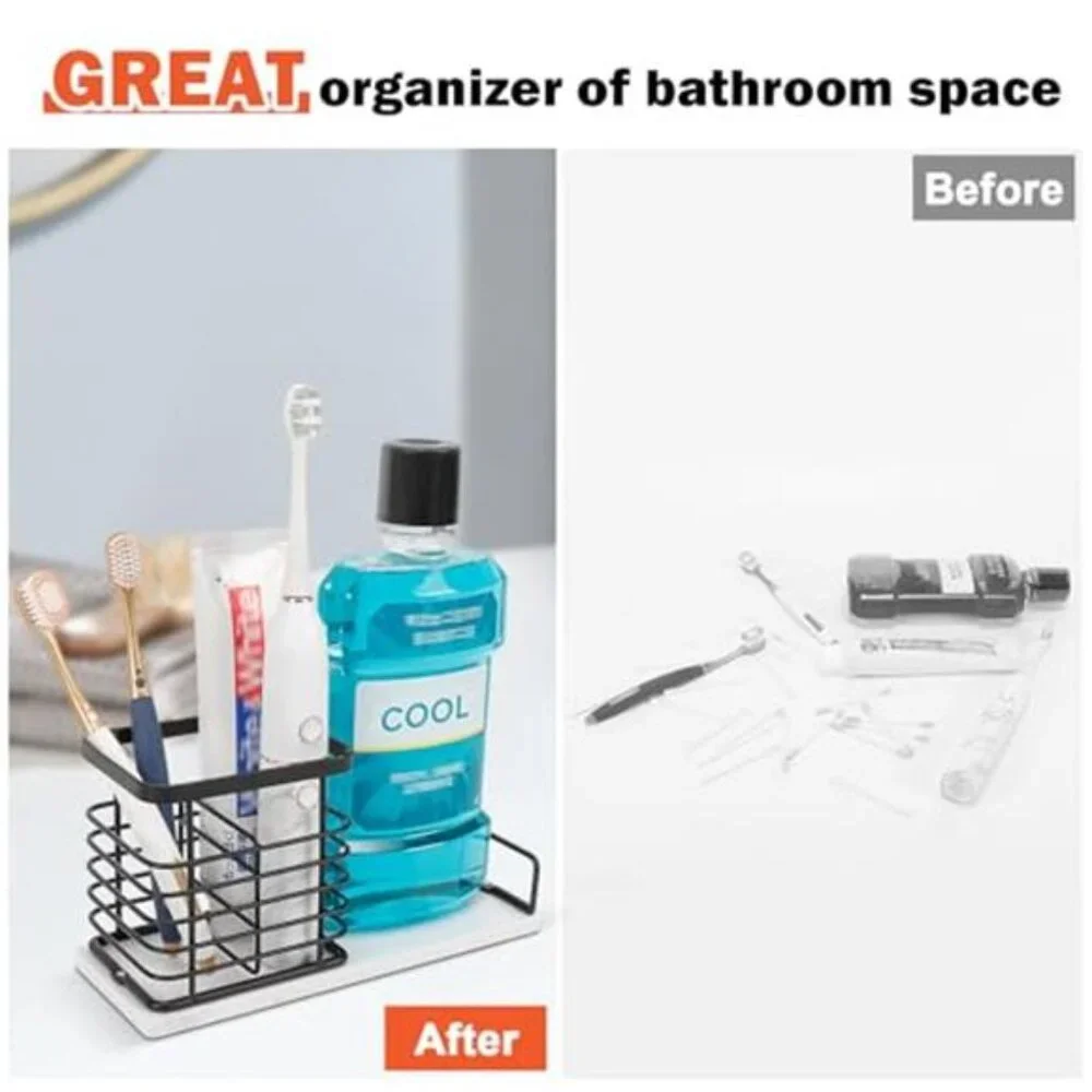 Matte Black Toothbrush Holder Marble Base Bathroom Organizer Toothpaste Storage